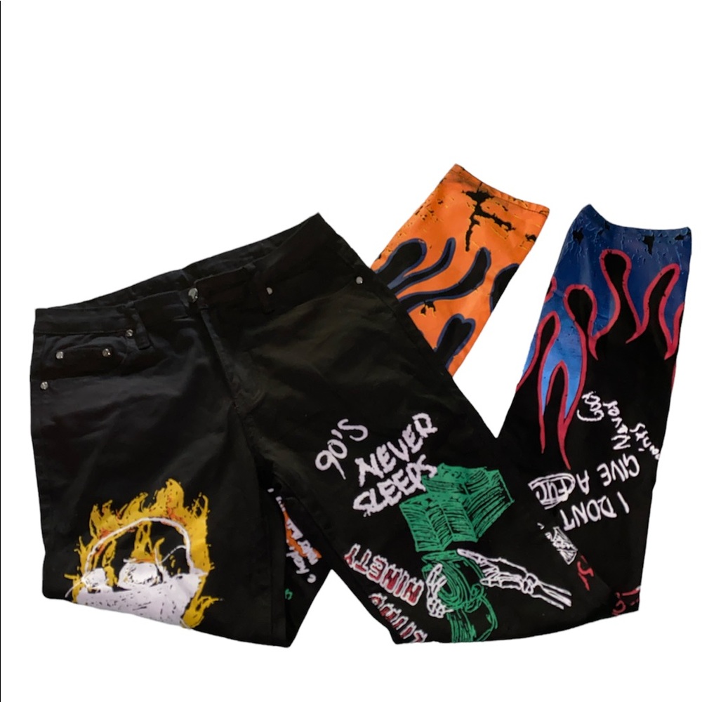 Mens printed fashion black denim